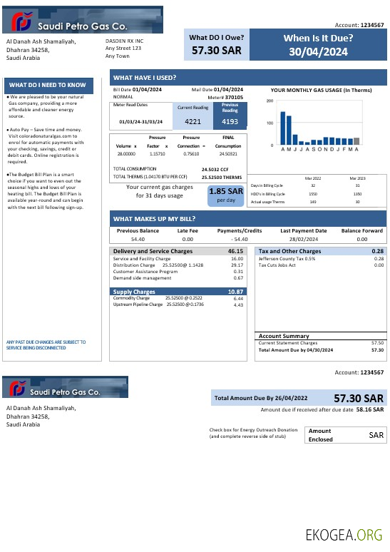 Arabie Saoudite Saudi Petro Gas Business Utility Bill, modèle Word et PDF